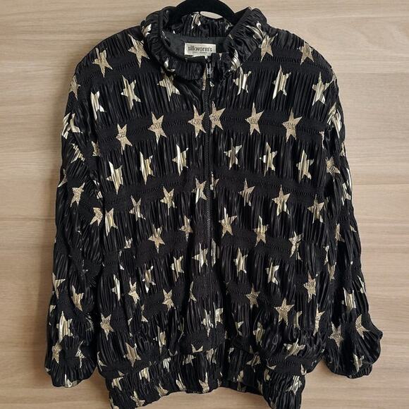 Vintage 80s 90s Silkworm's Bomber Jacket Stars Black - Picture 1 of 7